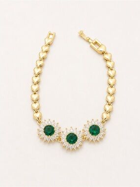 Gold Tone Heart Link Bracelet w/ Green Rhinestone Floral Stations